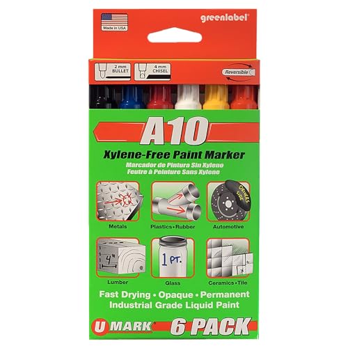 U-Mark Industrial Paint Marker, A10 6-pack Black/Blue/Red/White/Yellow/Orange 10150, Assortment pack, Permanent and marks on metals, plastic, wood, tile, porcelain - Image 1