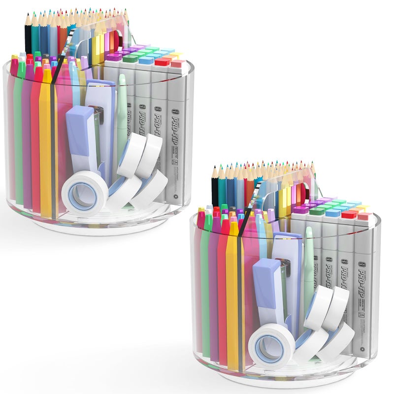 Absonic 2 Pack Pen Pencil Holder for Kids, Rotating Pen Holder for Desk Organizer, 4 Compartments Art Supply Marker Organizer and Storage, Kids Desk Organizer Marker Holder Caddy Art Supply Organizer for Desk - Image 1