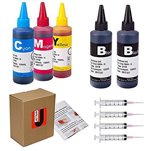 JETSIR 4 Color Ink Refill kit for HP 950 951 932 933 60 61 952 902 901 62 63 21 22 920 940 934 564 711 970 971 94 95 96 Ink Cartridge (2 Black 1 Cyan 1 Magenta 1 Yellow) 100ML x5 Bottle with Syringe - Image 1