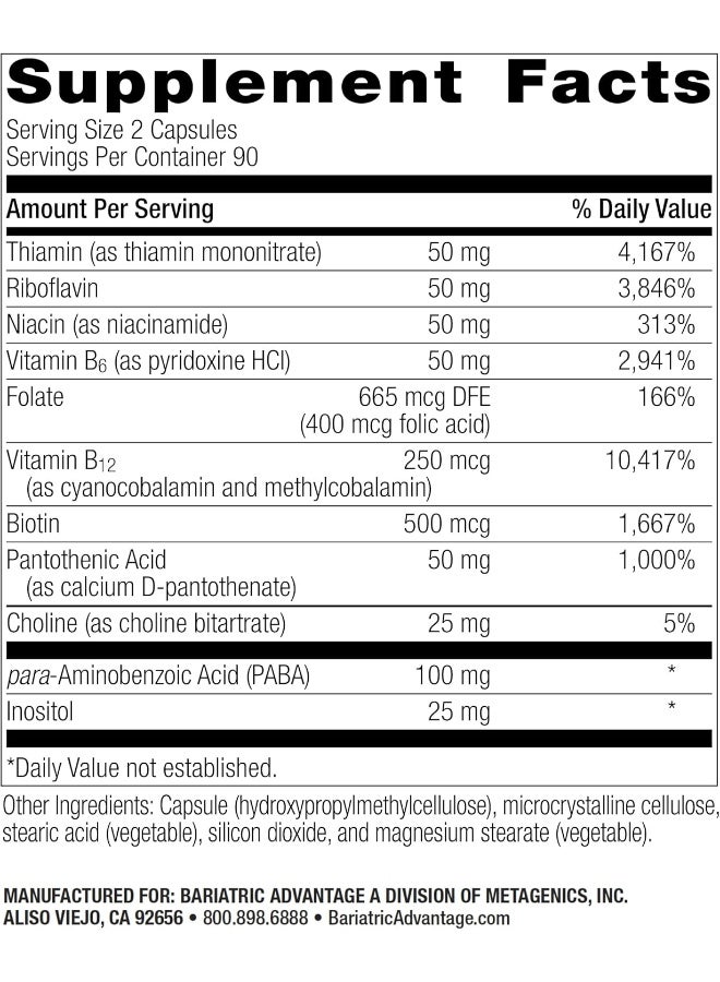 Bariatric Advantage B-50 Complex with Active B12, High Potency Supplement Containing All Essential B Vitamins with Choline, Inositol and PABA - 180 Count - Image 2