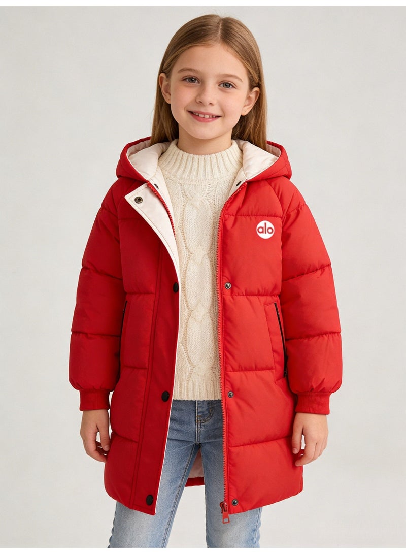 Alo Yoga Alo Girls' Bright Red Mid-Length Puffer Coat with Contrast White Lined Hood & 'alo' Logo - Image 2