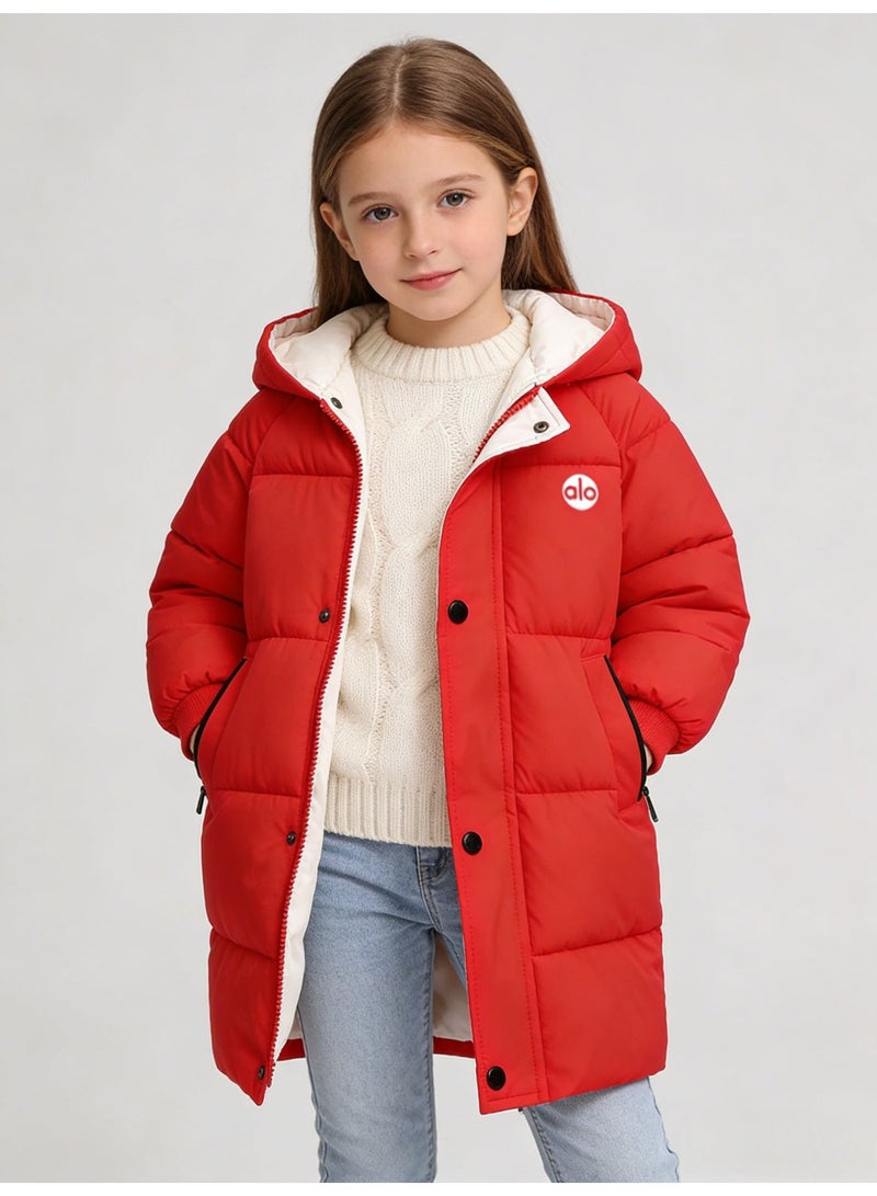 Alo Yoga Alo Girls' Bright Red Mid-Length Puffer Coat with Contrast White Lined Hood & 'alo' Logo - Image 4