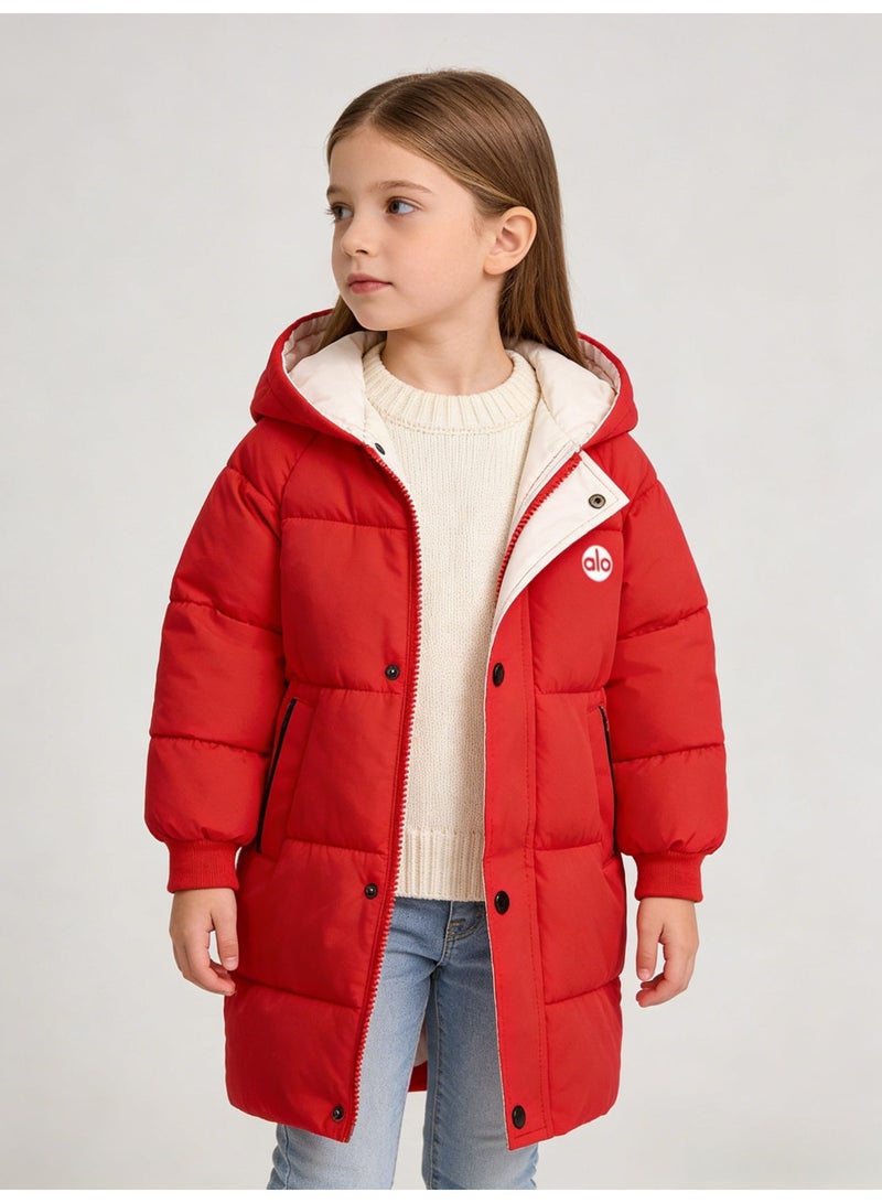 Alo Yoga Alo Girls' Bright Red Mid-Length Puffer Coat with Contrast White Lined Hood & 'alo' Logo - Image 1