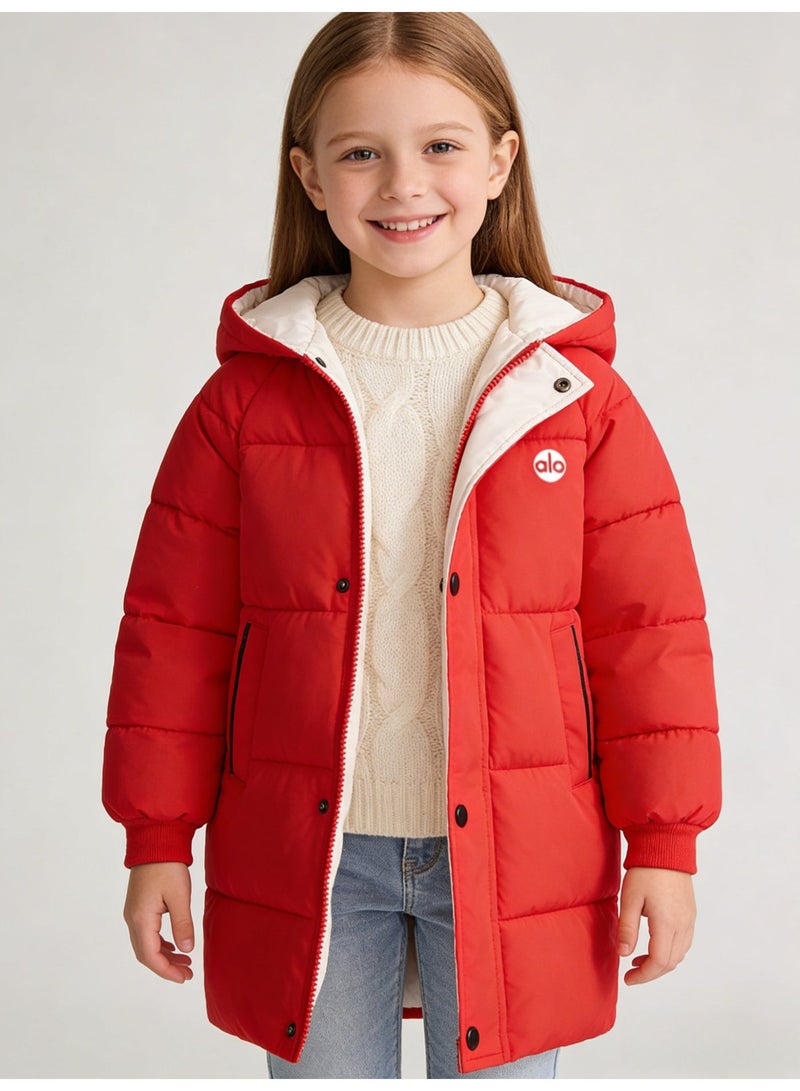 Alo Yoga Alo Girls' Bright Red Mid-Length Puffer Coat with Contrast White Lined Hood & 'alo' Logo - Image 3