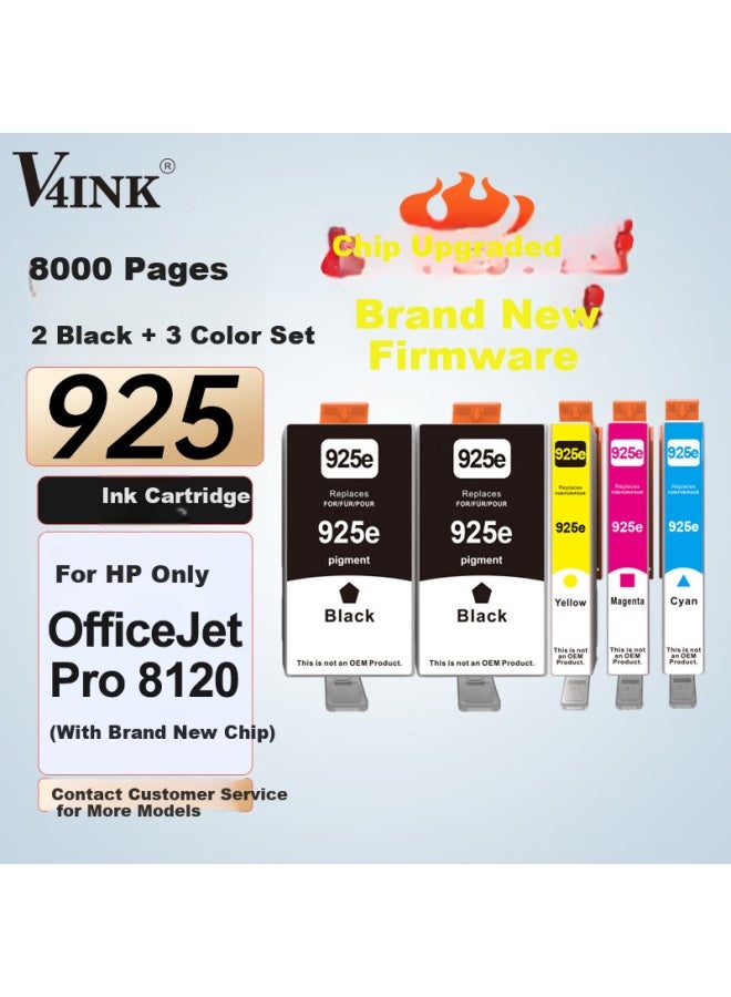 V4ink خراطيش حبر V4ink متوافقة مع Hp 8120 شريحة 925 لطابعة Hp Officejet Pro 8120 925xl 8130 8123 8133 8135e 2 أسود + 3 ملون - Image 1