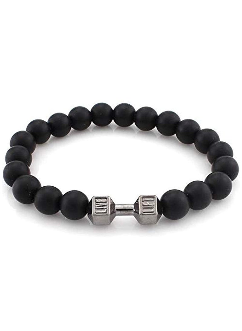 اسوارة للجنسين من المعدن لون فضي وخرز لافا طبيعي اسود قابل للتمدد بمظهر أنيق - Image 2