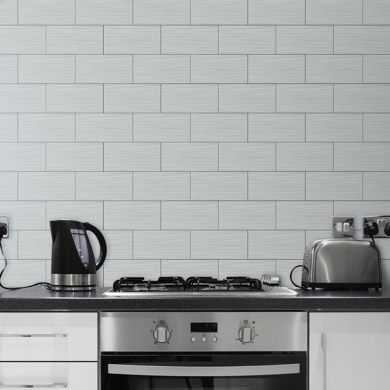 AULIGET 2-Piece Brushed Metal Peel and Stick Backsplash Tile, 6" x 12" Silver Aluminum Stick on Tiles for Backsplash Kitchen, Bathroom, Laundry Room, Camper, Fireplace - Image 2