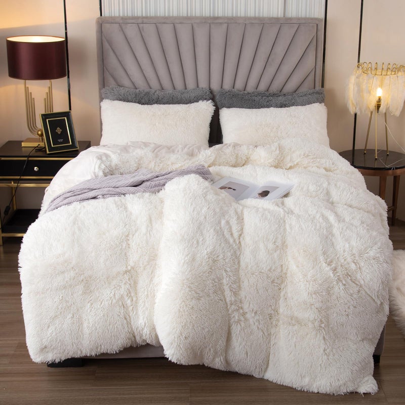 EMME Luxury White Fuzzy Duvet Cover Set King Size 3 Pieces Fluffy Comforter Cover Set for King Bed Shaggy and Plush Soft Bedding Duvet Covers (White, King) - Image 1