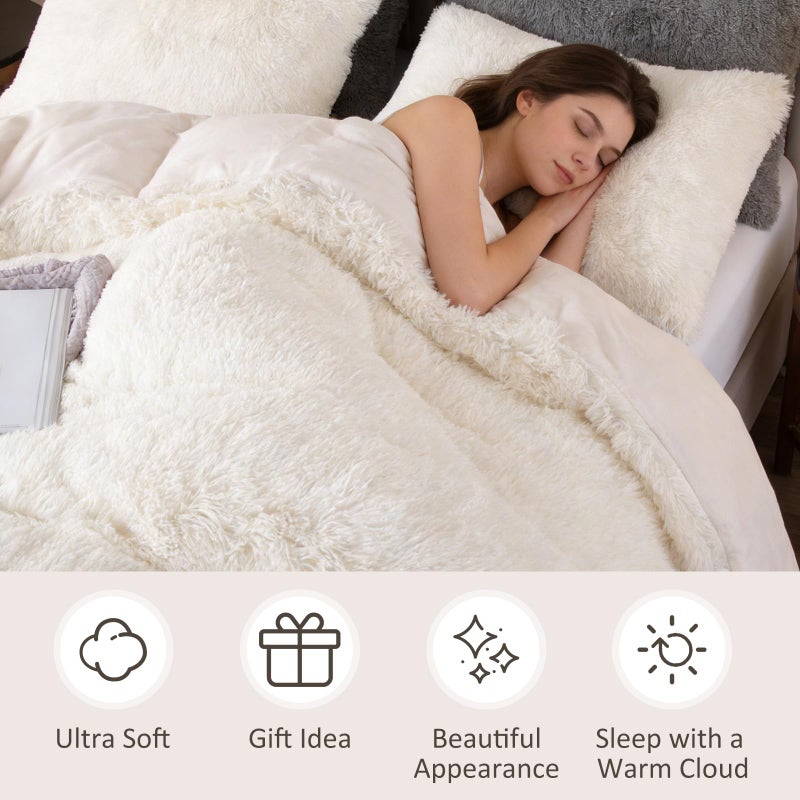 EMME Luxury White Fuzzy Duvet Cover Set King Size 3 Pieces Fluffy Comforter Cover Set for King Bed Shaggy and Plush Soft Bedding Duvet Covers (White, King) - Image 4