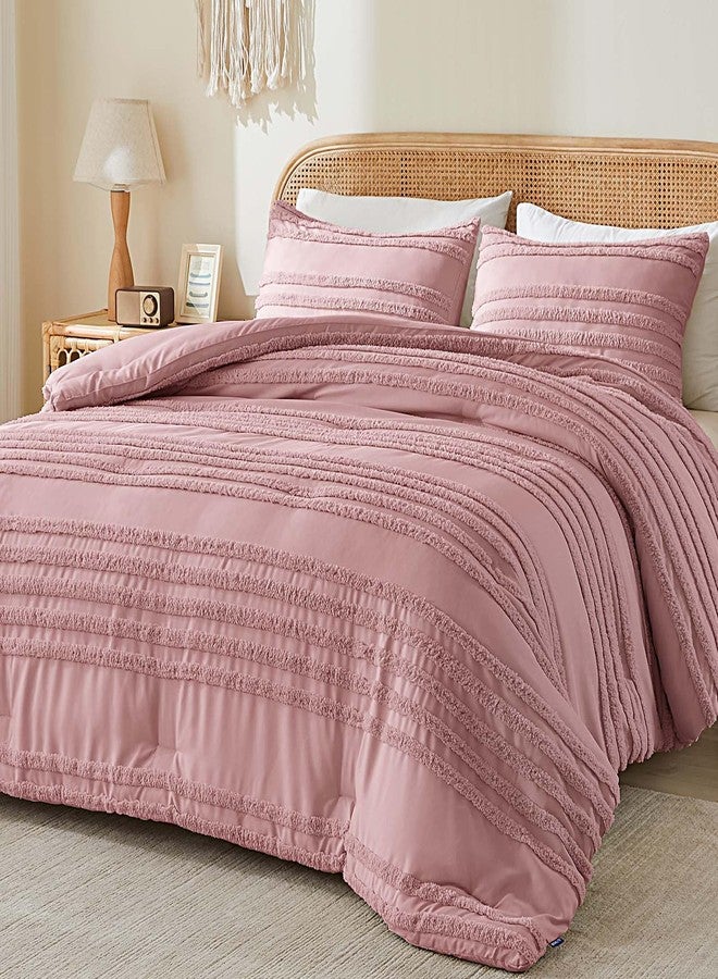 BEDELITE Boho Comforter Set Queen Size, Dusty Pink Tufted Striped Bed Set 3 Pieces, Soft Vintage Farmhouse Comforter for All Seasons, Boho Home Decor,Fluffy Jacquard Bedding with 2 Pillow Shams - Image 1