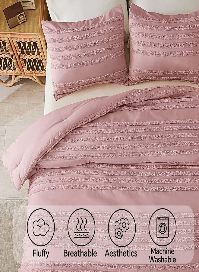 BEDELITE Boho Comforter Set Queen Size, Dusty Pink Tufted Striped Bed Set 3 Pieces, Soft Vintage Farmhouse Comforter for All Seasons, Boho Home Decor,Fluffy Jacquard Bedding with 2 Pillow Shams - Image 3