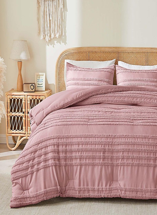 BEDELITE Boho Comforter Set Queen Size, Dusty Pink Tufted Striped Bed Set 3 Pieces, Soft Vintage Farmhouse Comforter for All Seasons, Boho Home Decor,Fluffy Jacquard Bedding with 2 Pillow Shams - Image 2