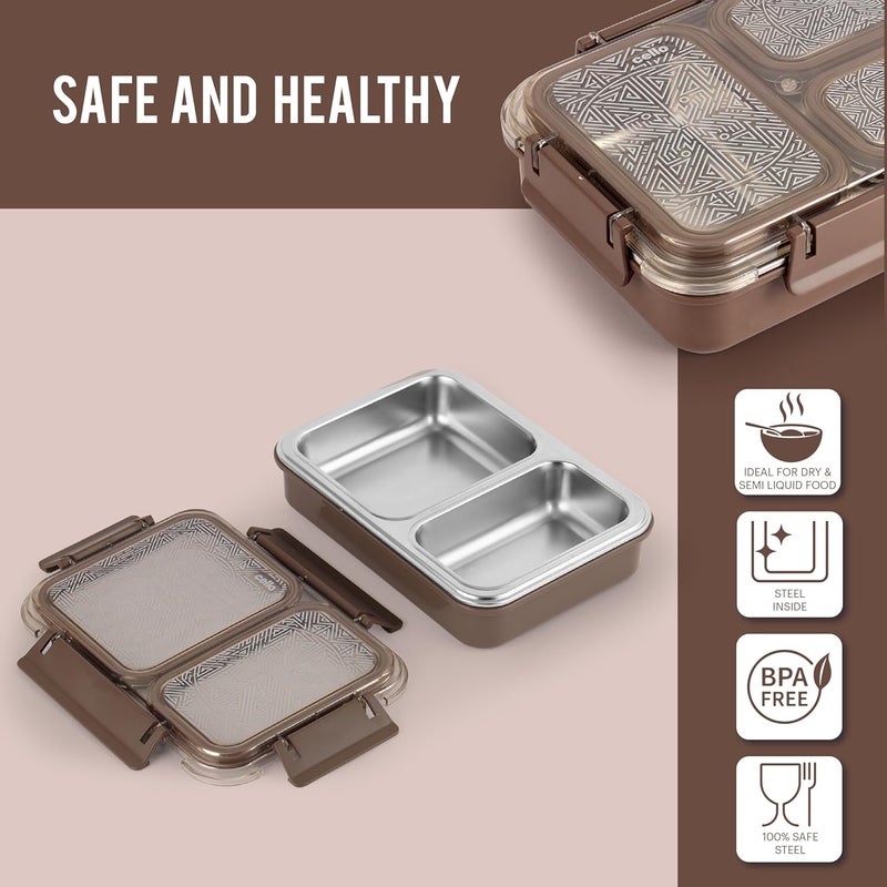Cello CELLO Duo Big PU Insulated Lunch Box Inner Stainless Steel Compartment Unbreakable Lid with with 4 Sided Click Locks Ideal for CollegeOffice Outdoor Activities Brown Set of 1  - Image 3