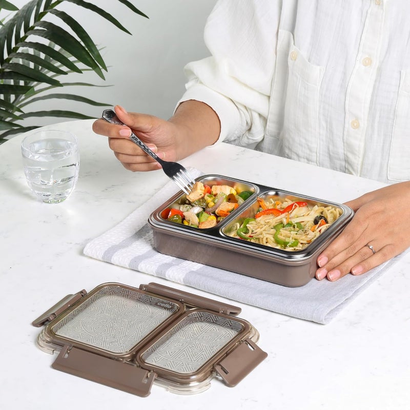 Cello CELLO Duo Big PU Insulated Lunch Box Inner Stainless Steel Compartment Unbreakable Lid with with 4 Sided Click Locks Ideal for CollegeOffice Outdoor Activities Brown Set of 1  - Image 1