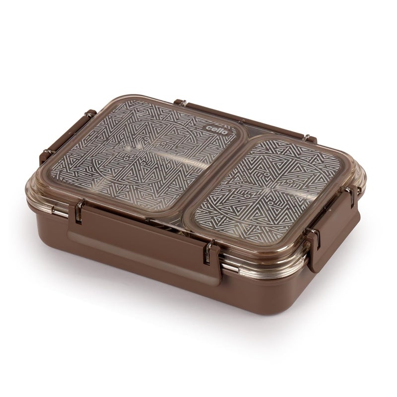 Cello CELLO Duo Big PU Insulated Lunch Box Inner Stainless Steel Compartment Unbreakable Lid with with 4 Sided Click Locks Ideal for CollegeOffice Outdoor Activities Brown Set of 1  - Image 2