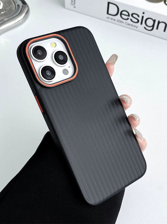 iPhone 13 Premium Ultra Thin Corrugated Matte Non-Slip Case, Metallic Paint Striped Waves Bumper Hard PC Slim Cover For iPhone 13 - Black - Image 3