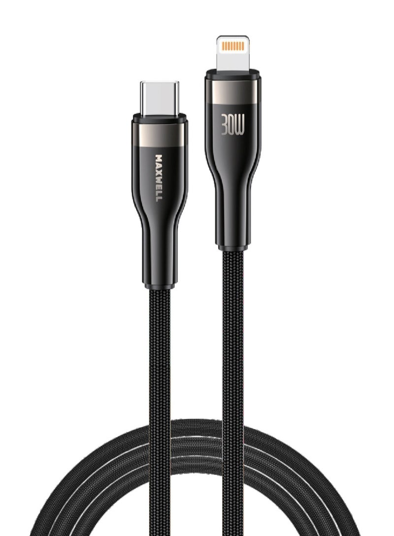 ماكسويل للالكترونيات كابل ماكسويل توربو لاين سيريز USB-C متوافق مع Lightning (2 متر) للشحن السريع 30W ونقل البيانات، متوافق مع iPhone 14 Pro Max، 14 Pro، 14 Plus، iPhone 13 Pro Max، 13 Pro، وغيرها. كابل محبوك من النايلون للشحن السريع ونقل البيانات - Image 1