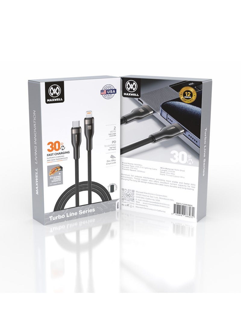 ماكسويل للالكترونيات كابل ماكسويل توربو لاين سيريز USB-C متوافق مع Lightning (2 متر) للشحن السريع 30W ونقل البيانات، متوافق مع iPhone 14 Pro Max، 14 Pro، 14 Plus، iPhone 13 Pro Max، 13 Pro، وغيرها. كابل محبوك من النايلون للشحن السريع ونقل البيانات - Image 2