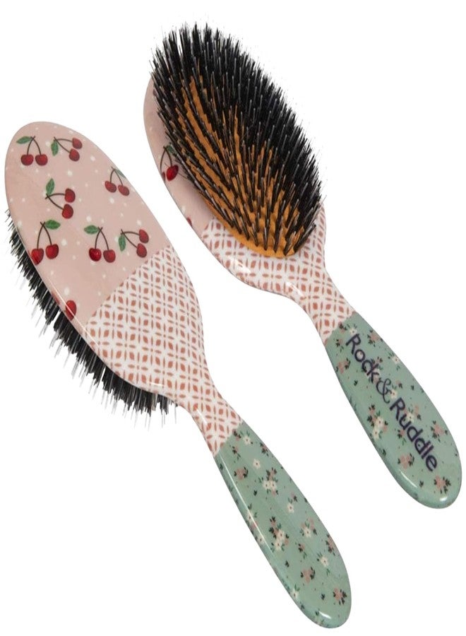 Rock & Ruddle Natural Mixed Boar Bristle Hair Brush for Women and Kids (Small 6.9") - Perfect for Wet or Dry Hair, Detangling Smoothing Blowdrying - Designed & Made in UK - Cherries Design - Image 1