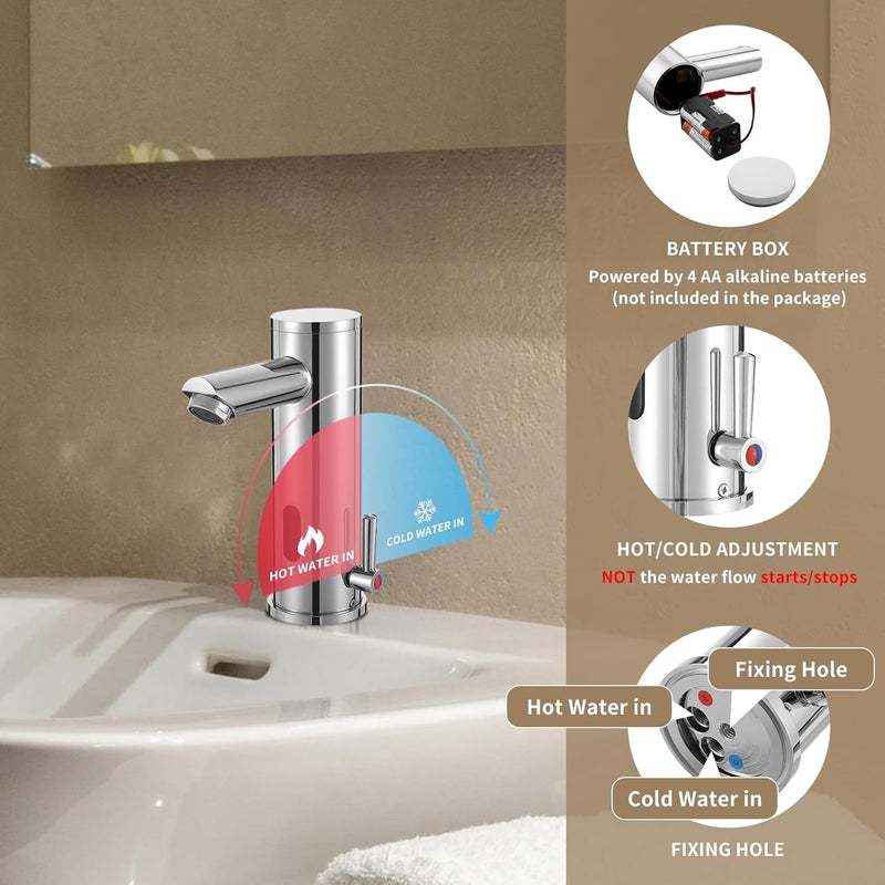 HOOMEE Automatic Touchless Bathroom Sink Faucet Motion Activated Sensor Hands Free Auto Off 1 Hole Commercial Infrared Brass Basin Faucets Adjustable Cold Hot Single Handle Water Mixer（Chrome） - Image 2