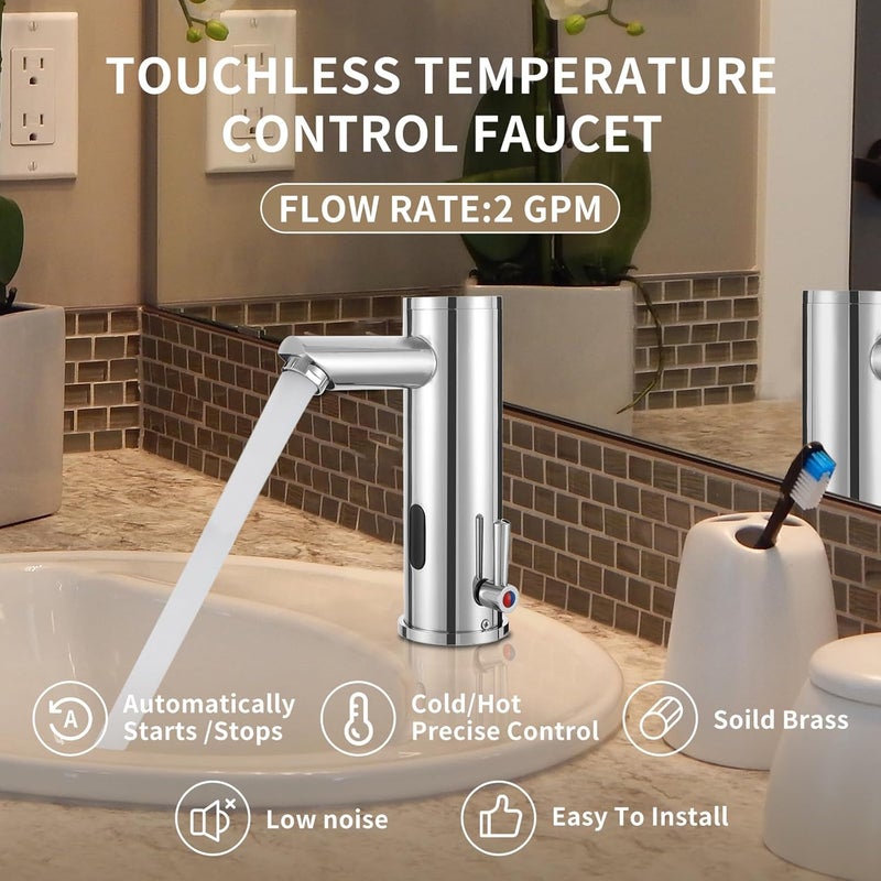HOOMEE Automatic Touchless Bathroom Sink Faucet Motion Activated Sensor Hands Free Auto Off 1 Hole Commercial Infrared Brass Basin Faucets Adjustable Cold Hot Single Handle Water Mixer（Chrome） - Image 3
