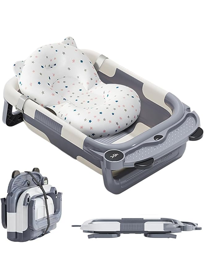 HASTHIP Baby Folding Bathtub With Inflatable Shower Cushion Seat Lcd Real Time Water Temperature Monitor Design Anti Slip Newborn Bathing Tub With Storage Shelf & Shower Head Holding Slot - Image 1
