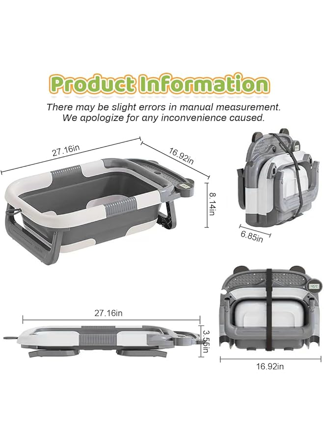 HASTHIP Baby Folding Bathtub With Inflatable Shower Cushion Seat Lcd Real Time Water Temperature Monitor Design Anti Slip Newborn Bathing Tub With Storage Shelf & Shower Head Holding Slot - Image 2