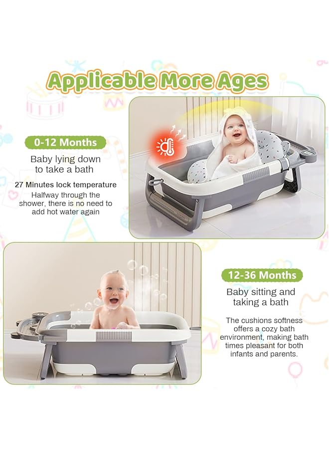 HASTHIP Baby Folding Bathtub With Inflatable Shower Cushion Seat Lcd Real Time Water Temperature Monitor Design Anti Slip Newborn Bathing Tub With Storage Shelf & Shower Head Holding Slot - Image 3