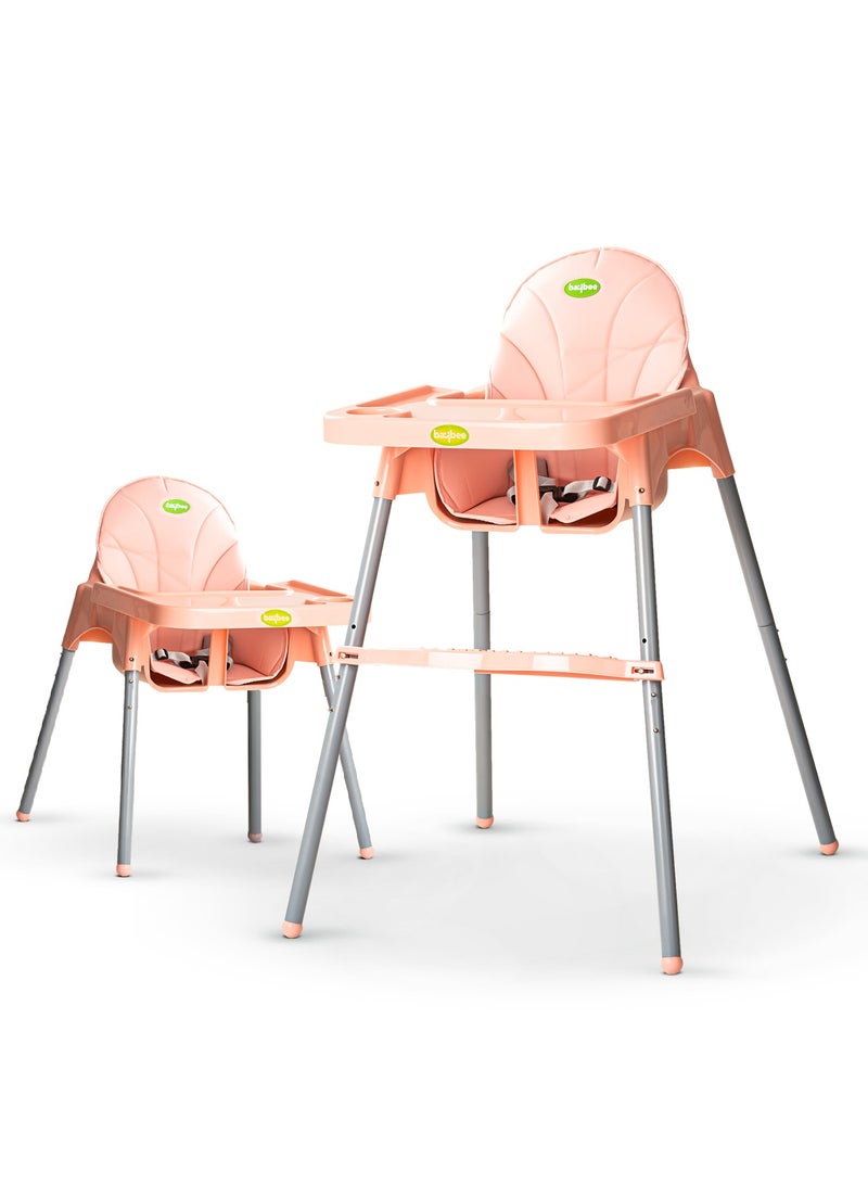 BAYBEE 2 in 1 Clento Baby High Chair for Kids, Baby Feeding Dining Chair with 2 Height Adjustable, Footrest, Tray, Stand, 3 Point Safety Belt | Kids High Chair for Baby 6 Months to 3 Years Boy Girl Pink - Image 1