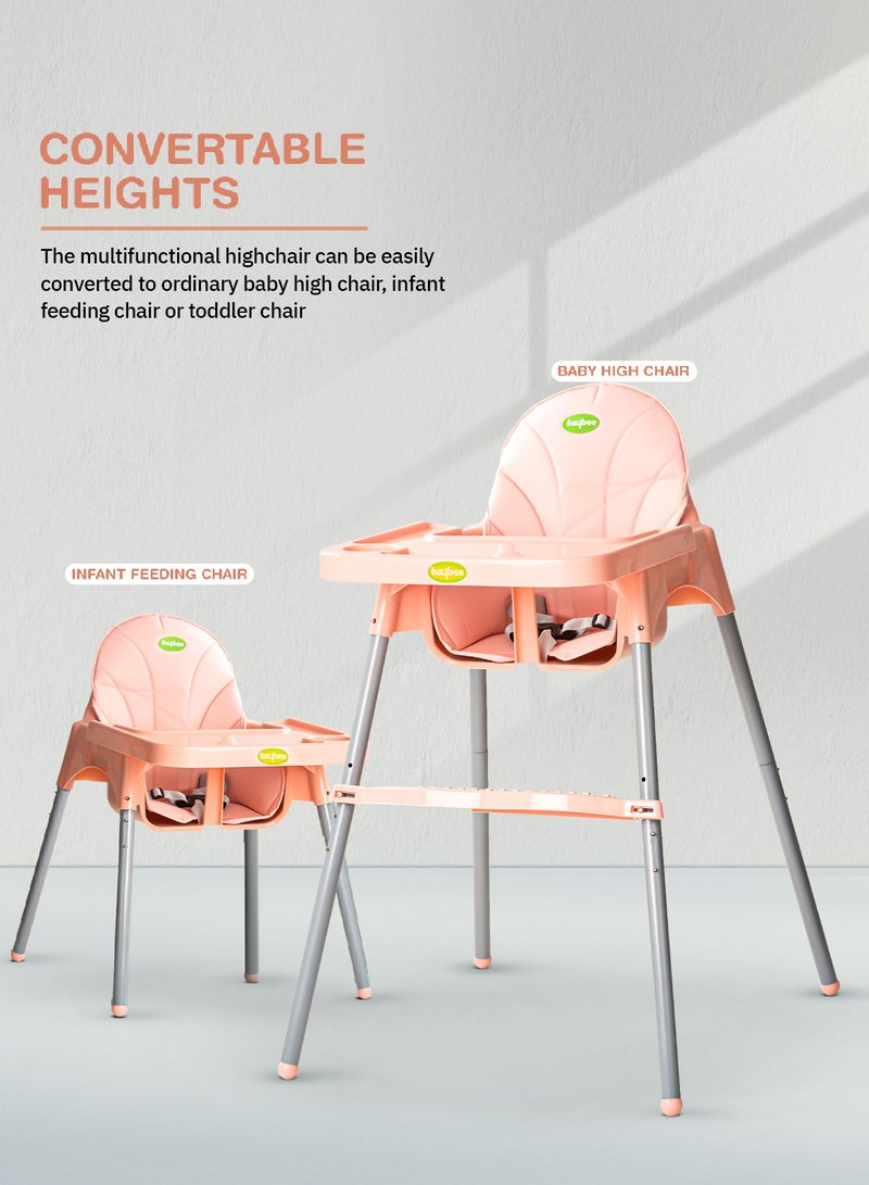 BAYBEE 2 in 1 Clento Baby High Chair for Kids, Baby Feeding Dining Chair with 2 Height Adjustable, Footrest, Tray, Stand, 3 Point Safety Belt | Kids High Chair for Baby 6 Months to 3 Years Boy Girl Pink - Image 3