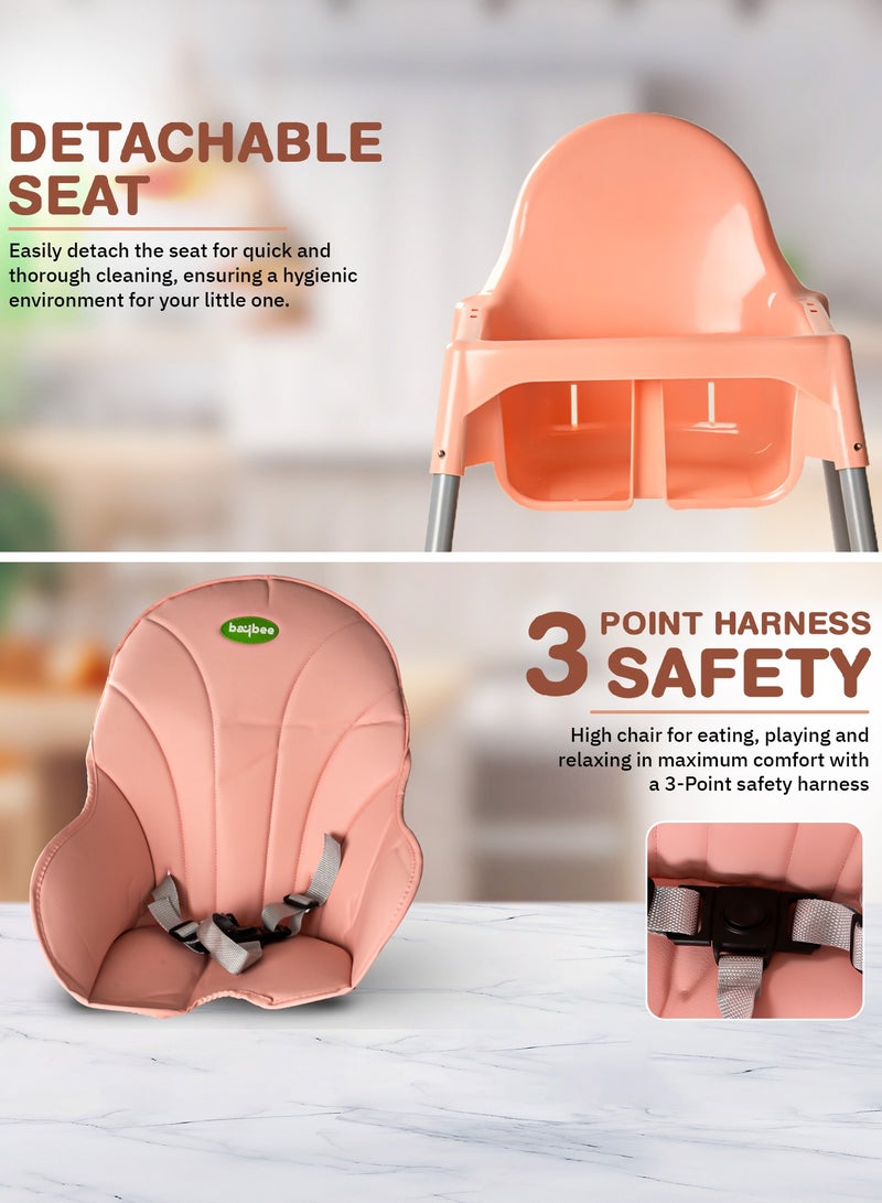 BAYBEE 2 in 1 Clento Baby High Chair for Kids, Baby Feeding Dining Chair with 2 Height Adjustable, Footrest, Tray, Stand, 3 Point Safety Belt | Kids High Chair for Baby 6 Months to 3 Years Boy Girl Pink - Image 5