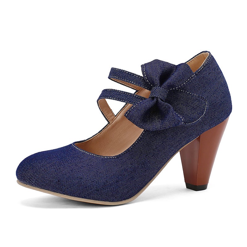 2024 Spring Classic Round Heels 31-48 Denim Bow Shallow Mouth Shoes - Image 1