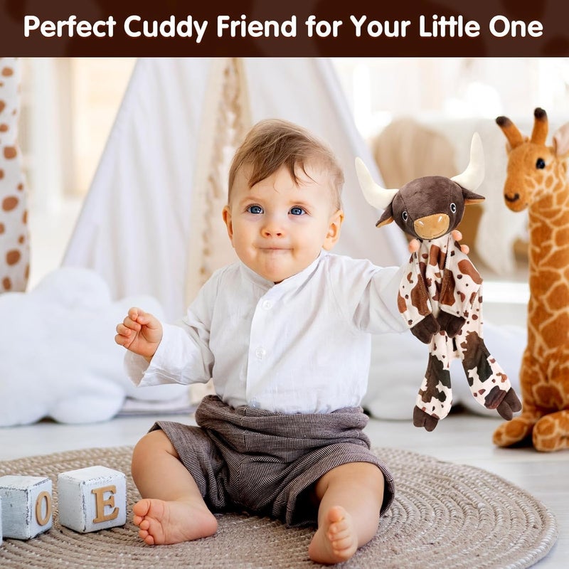 Gicoherero Longhorn Baby Security Blanket Lovey Baby Shower Cow Spotted Cowhide Print Stuffed Cow Snuggler First Birthday Unisex Baby Plush Sleeping Plushie Items Nursery Newborn Gift - Image 2