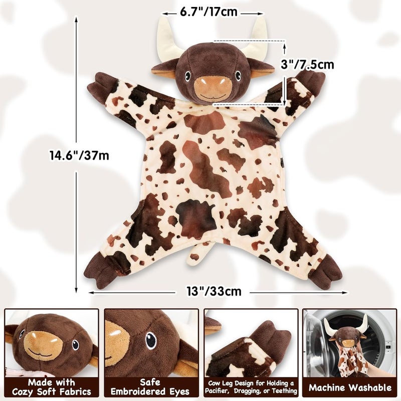 Gicoherero Longhorn Baby Security Blanket Lovey Baby Shower Cow Spotted Cowhide Print Stuffed Cow Snuggler First Birthday Unisex Baby Plush Sleeping Plushie Items Nursery Newborn Gift - Image 3