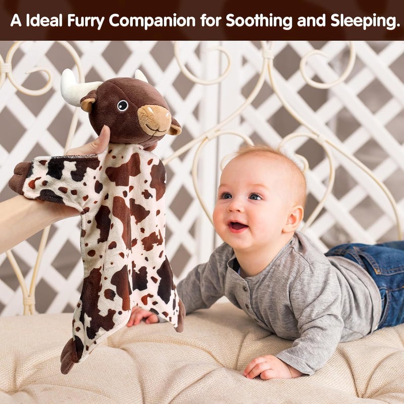 Gicoherero Longhorn Baby Security Blanket Lovey Baby Shower Cow Spotted Cowhide Print Stuffed Cow Snuggler First Birthday Unisex Baby Plush Sleeping Plushie Items Nursery Newborn Gift - Image 4