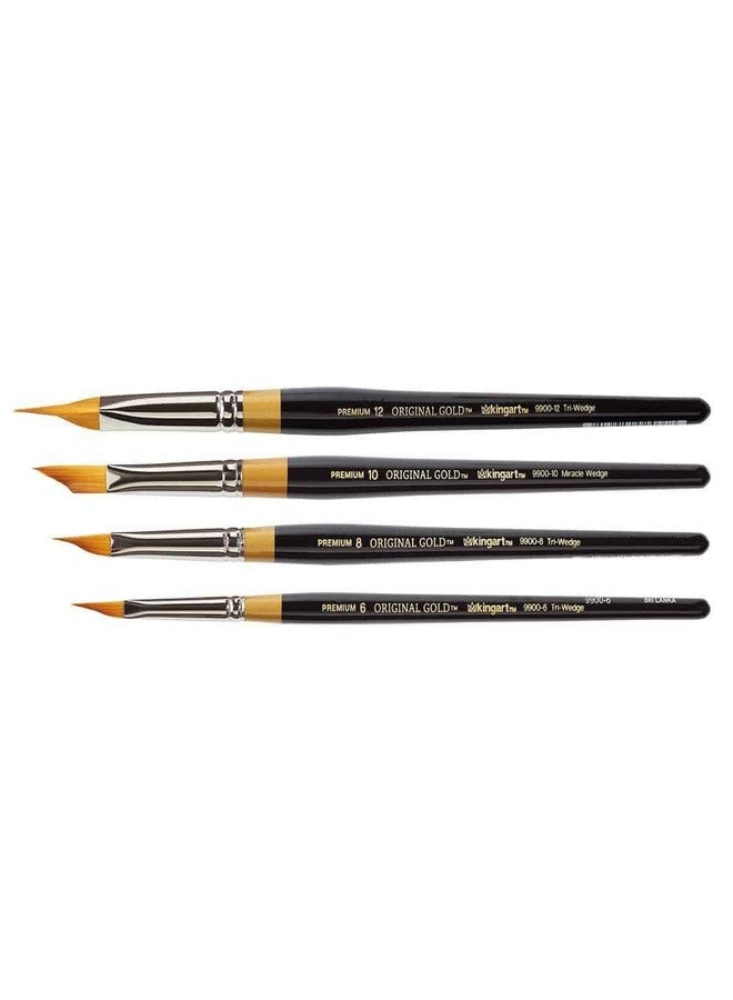 KINGART Premium 4 pc. Original Gold 9900 Series Miracle Wedge Artist Brush Set, Synthetic Golden Taklon Hair for Acrylic, Oil, Watercolor and Gouache Paint, Short Handle, 4 Sizes: 6, 8, 10, 12 - Image 3