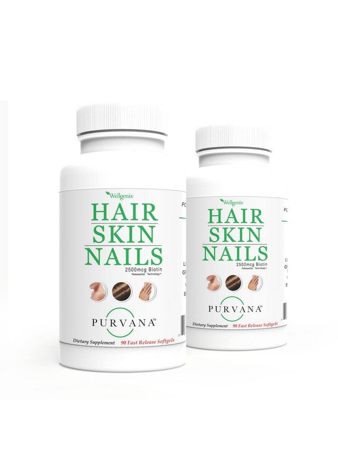 ويلجينيكس كبسولات فيتامينات Wellgenix Purvana للشعر والبشرة والأظافر عالية الامتصاص - قوة مضاعفة 2500 ميكروجرام من البيوتين وفيتامين أ وفيتامين ب (90 كبسولة) عبوتان - Image 1