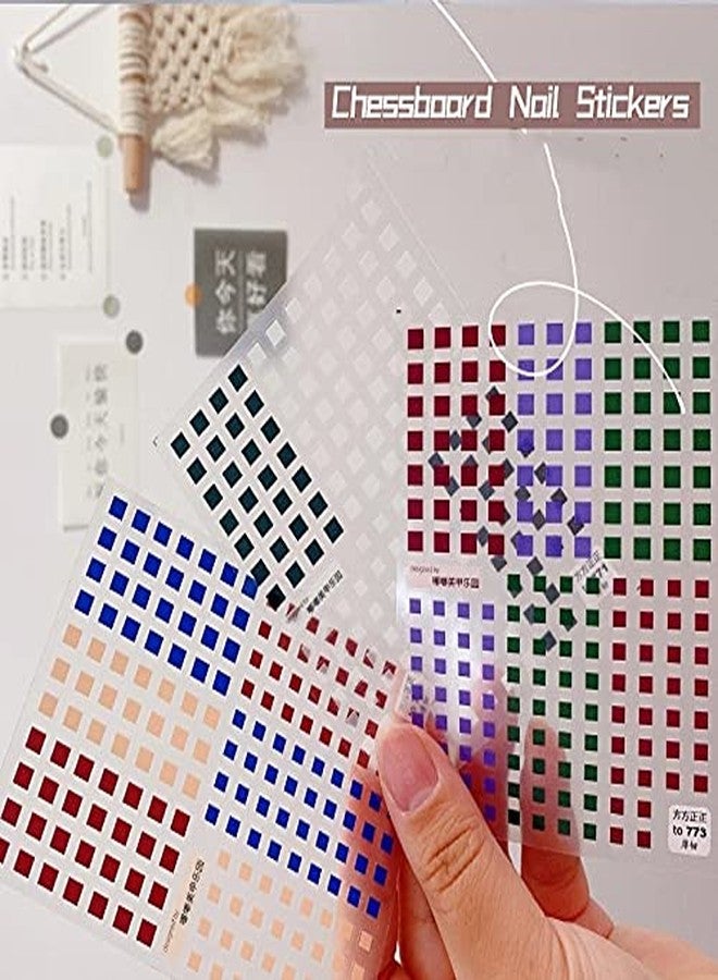 Dedyel Checkerboard Square Nail Art Stickers Ultra-Thin Color Checkerboard Self-Adhesive Nail Art Sticker, Blue, Red, Black, White, Purple, Green Checkerboard Square Nail Art Stickers (3 Sheets) - Image 1