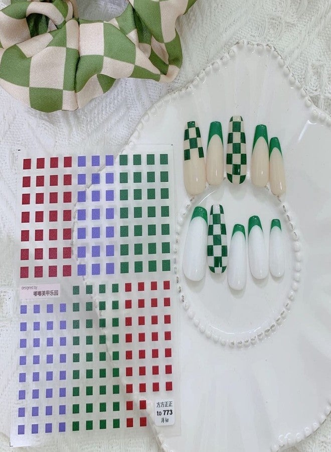 Dedyel Checkerboard Square Nail Art Stickers Ultra-Thin Color Checkerboard Self-Adhesive Nail Art Sticker, Blue, Red, Black, White, Purple, Green Checkerboard Square Nail Art Stickers (3 Sheets) - Image 3
