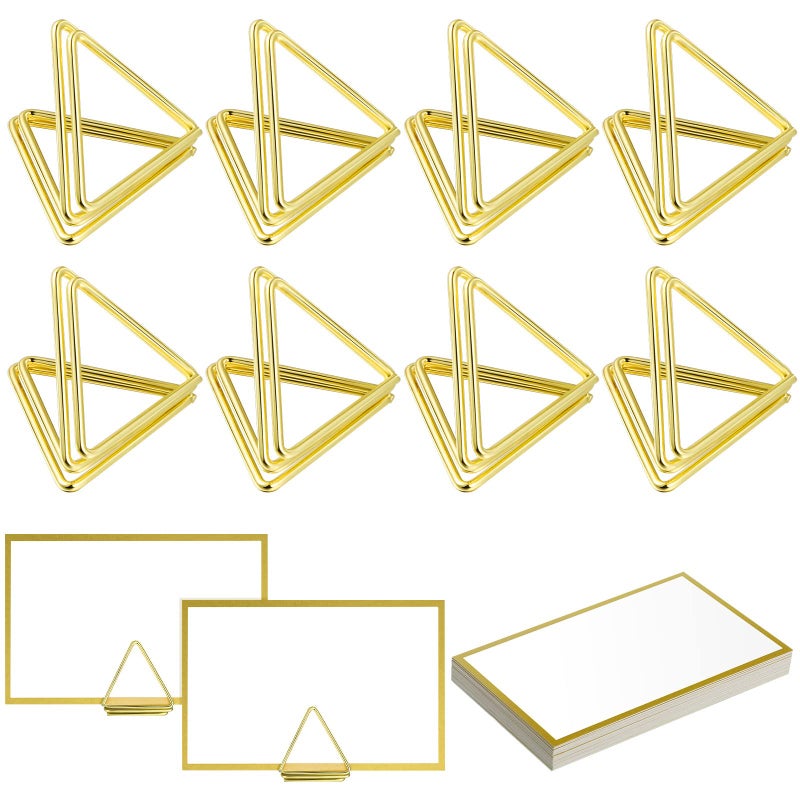 Weewooday 24 Pack Place Card Holders 24 Pack Triangle Shape Number Pictures Stand Clips Small Table Place Cards with Foil Border for Wedding Name(Gold) - Image 1