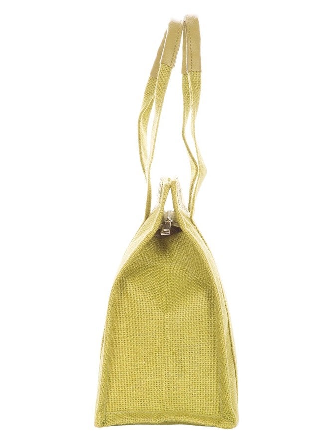 Jute Cottage Eco-Friendly Lunch & Grocery Bag for Men & Women | 10x10x6 in Olive Green Jute with Vertical Brocade Fabric & Zip | Handcrafted Sustainable Tiffin Tote for Office, Travel, Daily Use - Image 3