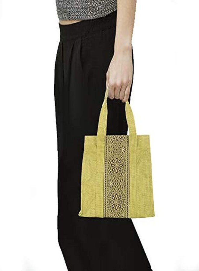 Jute Cottage Eco-Friendly Lunch & Grocery Bag for Men & Women | 10x10x6 in Olive Green Jute with Vertical Brocade Fabric & Zip | Handcrafted Sustainable Tiffin Tote for Office, Travel, Daily Use - Image 5