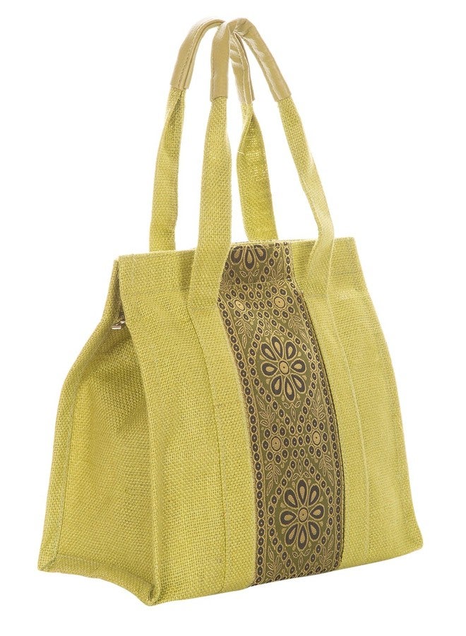 Jute Cottage Eco-Friendly Lunch & Grocery Bag for Men & Women | 10x10x6 in Olive Green Jute with Vertical Brocade Fabric & Zip | Handcrafted Sustainable Tiffin Tote for Office, Travel, Daily Use - Image 1