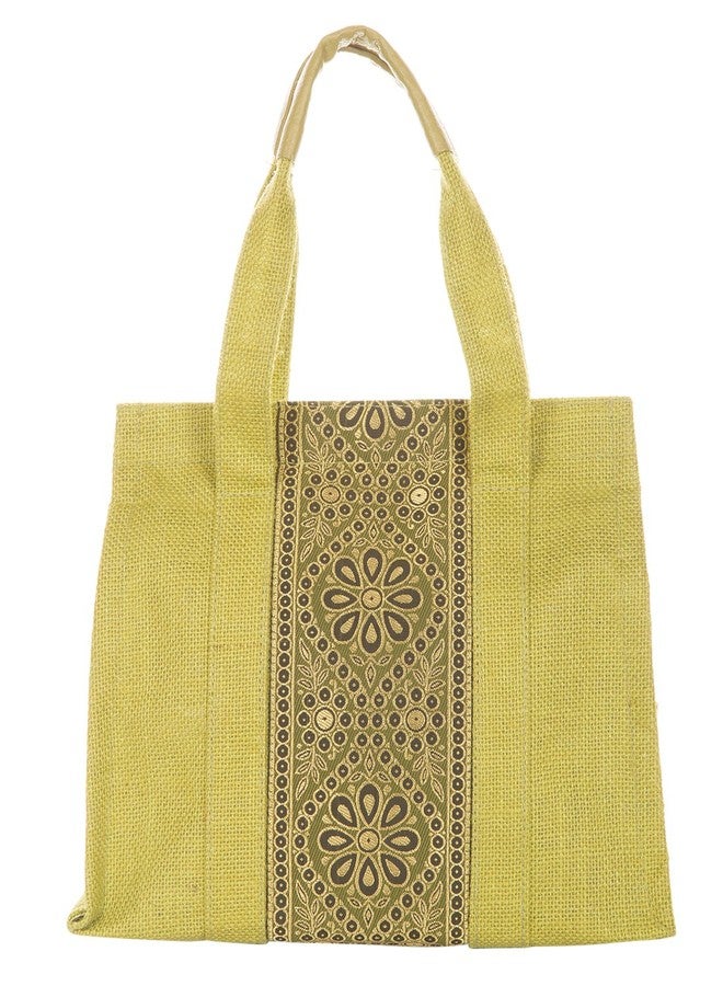 Jute Cottage Eco-Friendly Lunch & Grocery Bag for Men & Women | 10x10x6 in Olive Green Jute with Vertical Brocade Fabric & Zip | Handcrafted Sustainable Tiffin Tote for Office, Travel, Daily Use - Image 2