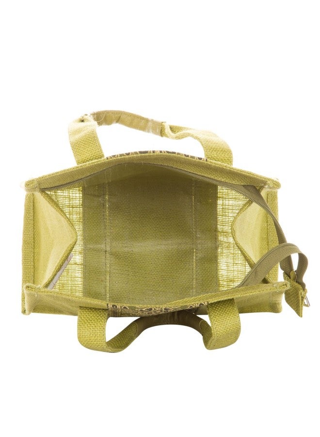 Jute Cottage Eco-Friendly Lunch & Grocery Bag for Men & Women | 10x10x6 in Olive Green Jute with Vertical Brocade Fabric & Zip | Handcrafted Sustainable Tiffin Tote for Office, Travel, Daily Use - Image 4