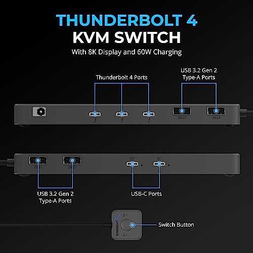 SABRENT مفتاح SABRENT Thunderbolt 4 KVM لمشاركة الأجهزة الطرفية مع 3X Thunderbolt 4 USB C 40Gbps 2X شحن USBC 60W PD 30 4X USB Type A 32x2 10Gbps يدعم 4K144Hz 8K60Hz DSC SBTB4K - Image 3