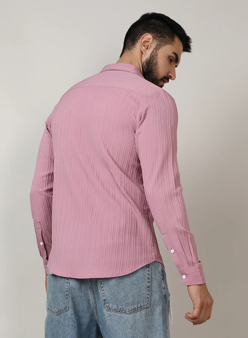 CAHOOT  Men's Salmon Pink Self-Design Striped Shirt for Men | Best Price UAE