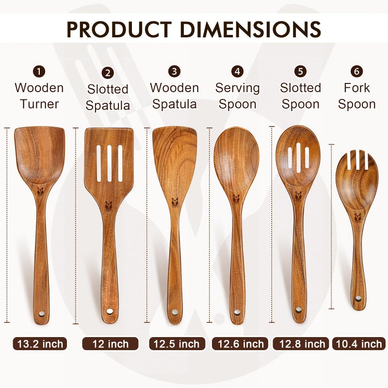 ICSTI Wooden Spoons for Cooking, 6 Pcs Natural Teak Wooden Kitchen Utensils Set, Cooking Utensils Set with Long & Comfort Grip, Wooden Spoons Spatula Set Perfect for Non-Stick Cookware - Image 3