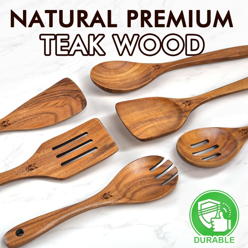ICSTI Wooden Spoons for Cooking, 6 Pcs Natural Teak Wooden Kitchen Utensils Set, Cooking Utensils Set with Long & Comfort Grip, Wooden Spoons Spatula Set Perfect for Non-Stick Cookware - Image 2