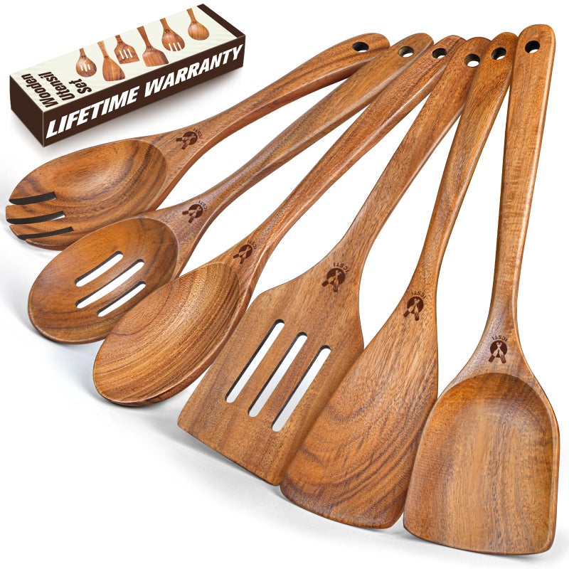 ICSTI Wooden Spoons for Cooking, 6 Pcs Natural Teak Wooden Kitchen Utensils Set, Cooking Utensils Set with Long & Comfort Grip, Wooden Spoons Spatula Set Perfect for Non-Stick Cookware - Image 1